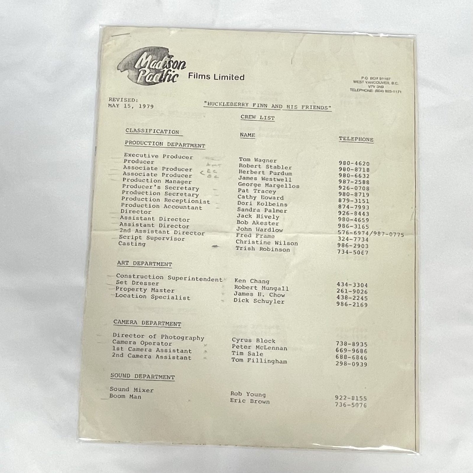 Huckleberry Finn and His Friends - 1979 Call Sheet